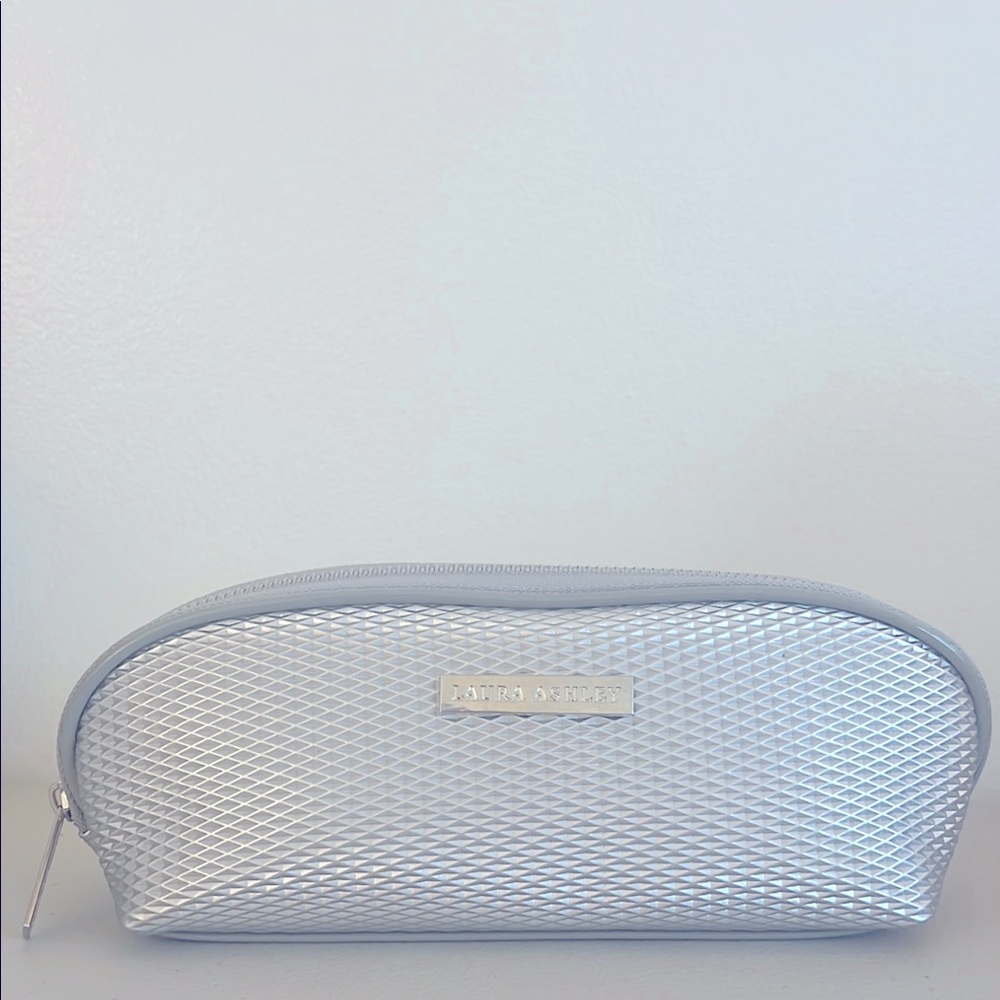LAURA ASHLEY Makeup Pouch Travel Case Silver Full Zip 9” x 4.5” x 3” NEW